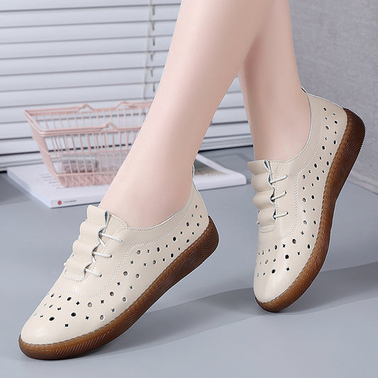 2022 New White Hollowed Moccasins For Women Genuine Leather Flats Breathable Loafers Shoes Women Soft Casual Ballet Flat Shoes