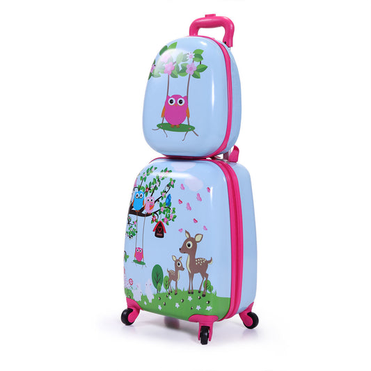 2 PCS Kids Luggage Set, 12" Backpack and 16" Spinner Case with 4 Universal Wheels, Travel Suitcase for Boys Girls, Light Blue with Animal Patterns